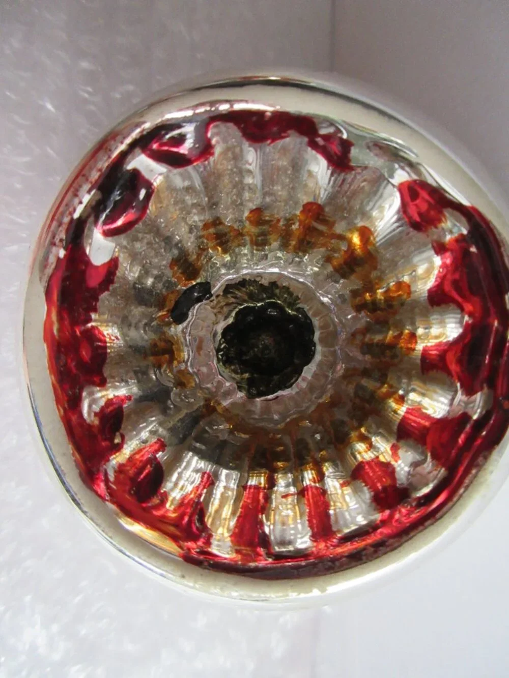 German Indent Glass Reflector Christmas Ornament Lot of 2 Pink Green Silver Vtg